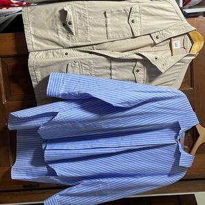 Beige farmer style jacket &  blue, and white stripe button up